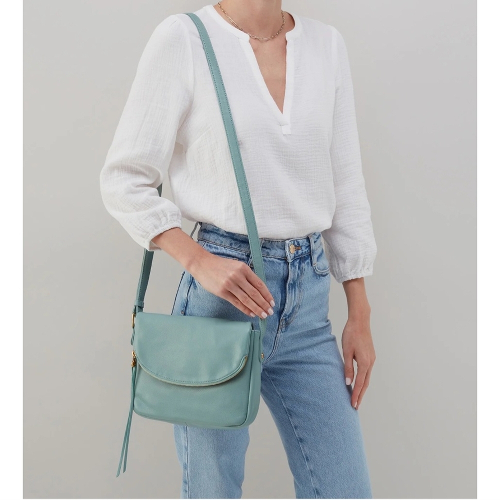 Pale Green Crossbody Bag with Gold Hardware and Flap Closure - Picture 2 of 12